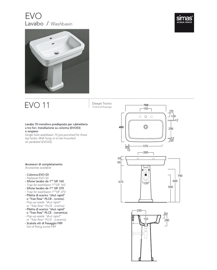 Lavabo 70 Evolution - Simas