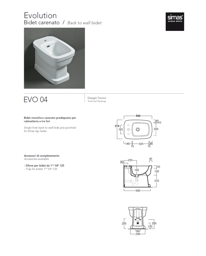 Bidet caréné blanc Simas en céramique, design rétro, vue de côté et dimensions.