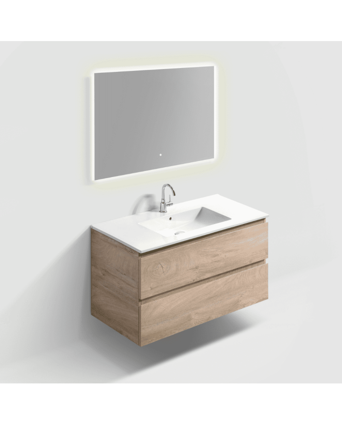 Meuble 100cm 2 tiroirs + miroir LED - InBe - Clou