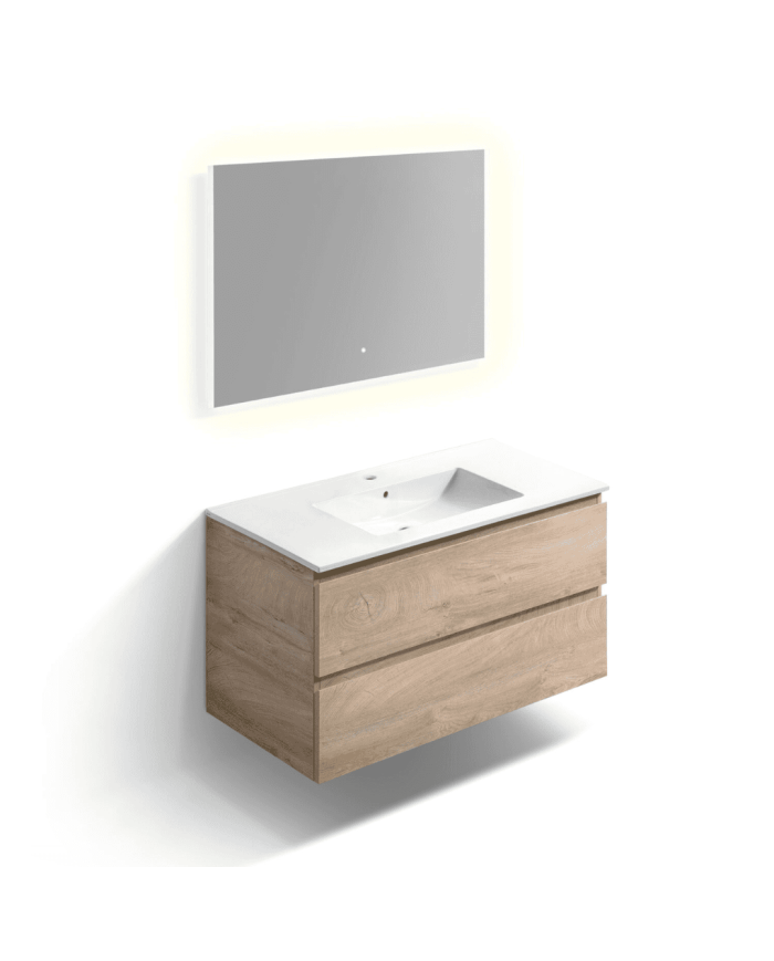 Meuble 100cm 2 tiroirs + miroir LED - InBe - Clou
