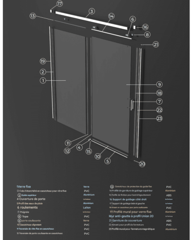 Paroi de douche Chromé Stylo SBX, structure en verre et aluminium, design moderne avec profils et accessoires détaillés.