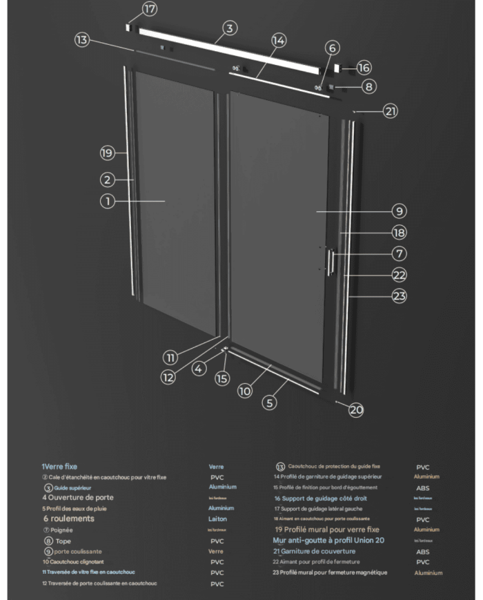 Paroi de douche Chromé Stylo SBX, structure en verre et aluminium, design moderne avec profils et accessoires détaillés.