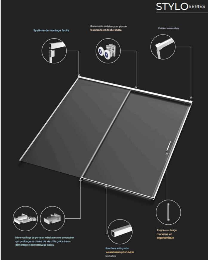 Paroi de douche chromée Stylo SBX, design moderne, finitions aluminium, système de montage facile.