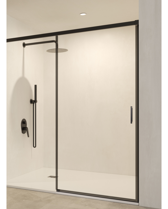 Paroi de douche noir mat Stylo SBX avec poignée et encadrement fin, design minimaliste, robinetterie assortie