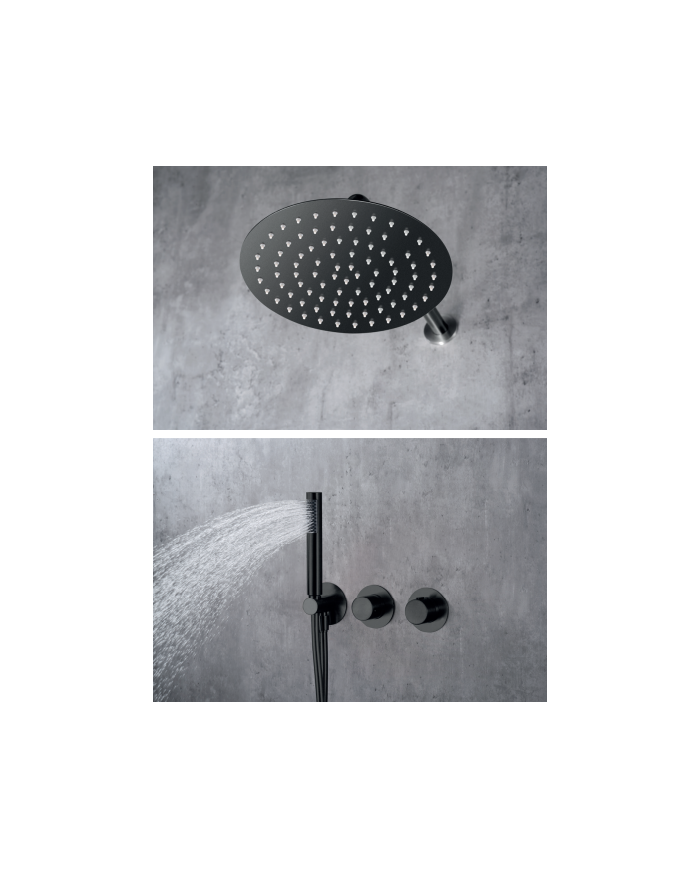 Robinetterie thermostatique noir mat encastrée avec douchette ronde et mitigeurs rétro.