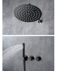 Robinetterie thermostatique noir mat encastrée avec douchette ronde et mitigeurs rétro.