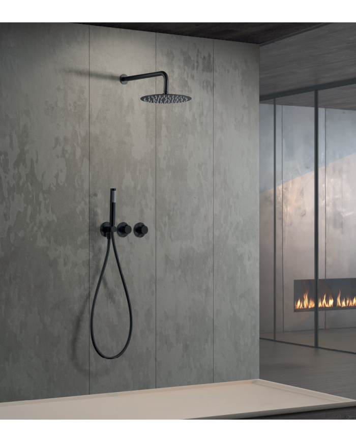 Robinetterie thermostatique encastrée noir mat avec douchette et mitigeur, design moderne et minimaliste.