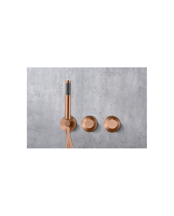 Robinetterie thermostatique encastrée Or rose brossé, design moderne avec poignées rondes et douchette