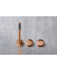 Robinetterie thermostatique encastrée Or rose brossé, design moderne avec poignées rondes et douchette