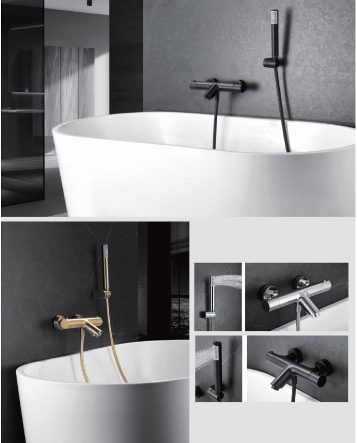 Mitigeur bain douche Genova Imex, design moderne, finitions chromées, douchette amovible, montage mural sur baignoire blanche.