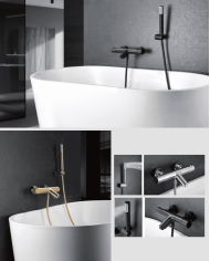 Mitigeur bain douche Genova Imex, design moderne, finitions chromées, douchette amovible, montage mural sur baignoire blanche.