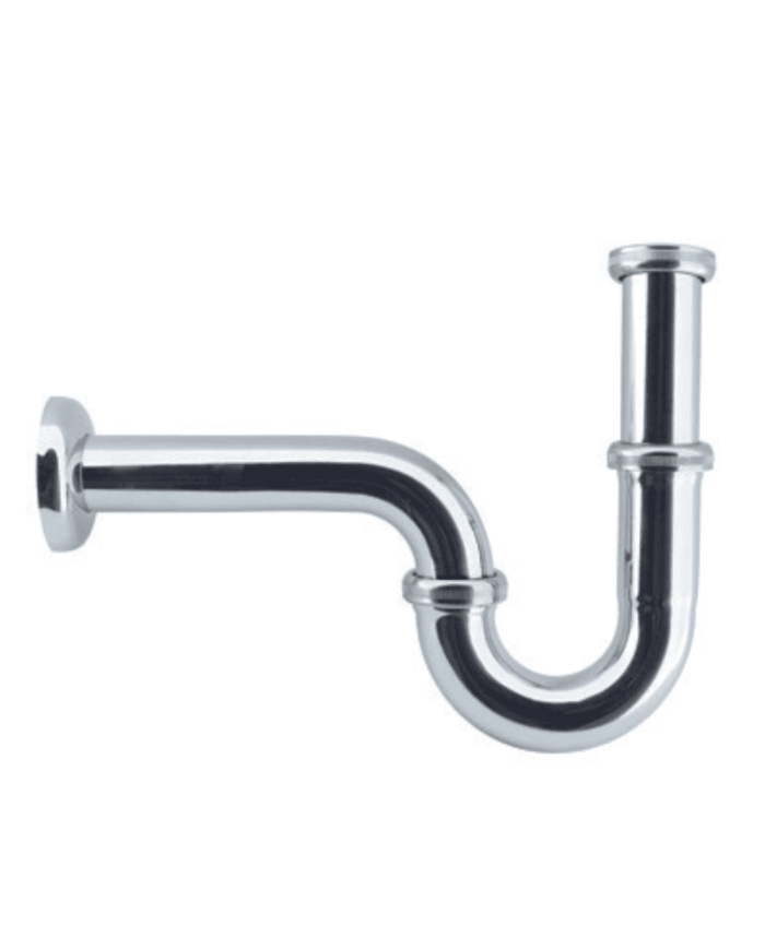 Siphon en forme de P chromé Imperial avec joints visibles et finition brillante, vue de profil