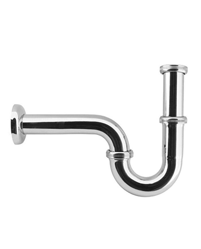 Siphon en forme de P chromé Imperial, design vintage, finition brillante, tube et joints visibles.