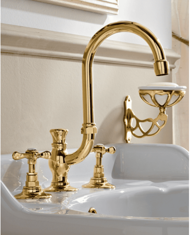 Mélangeur bec haut doré Sbordoni avec poignées rétro et vidage, monté sur lavabo vintage