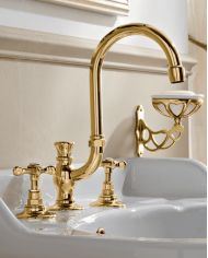 Mélangeur Sbordoni bec haut doré avec poignées rétro, finition brillante, monté sur lavabo vintage