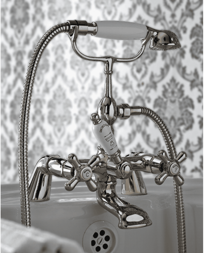 Mélangeur bain/douche vintage Sbordoni en chrome avec poignées en croix et douchette amovible.