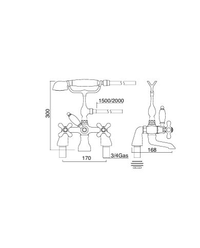 Mélangeur bain/douche poser Sbordoni, design industriel, raccords visibles, dimensions détaillées.