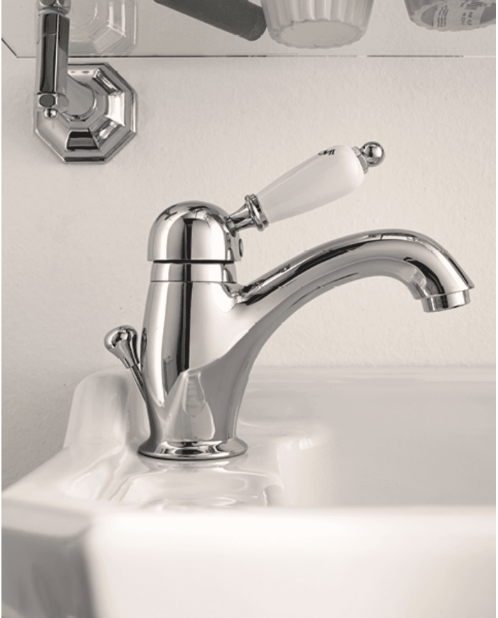 Mitigeur lavabo monotrou Sbordoni en chrome, manche en porcelaine blanche, design rétro