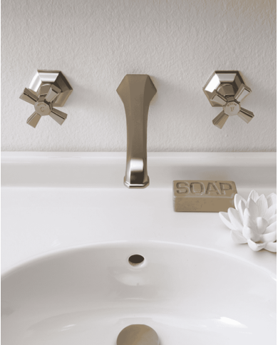 Mélangeur mural lavabo Sbordoni en finition nickel avec poignées hexagonales et bec angulaire vintage