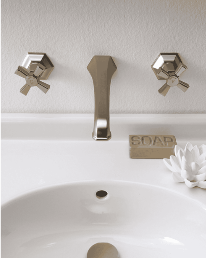 Mélangeur mural lavabo Sbordoni en finition nickel avec poignées hexagonales et bec angulaire vintage