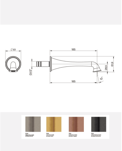 Bec mural Edwardian Cifial en finition métallique, design vintage avec dimensions détaillées et options de couleurs.