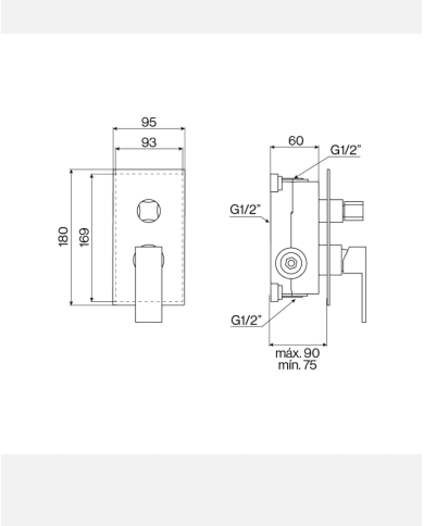 Mitigeur douche Cifial R90, rectangulaire, chromé, 2 sorties, dimensions détaillées